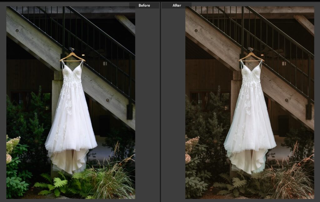 Two side-by-side images of a wedding dress hanging from a railing. The left photo is unedited, and the right photo has warm tones added to the background.