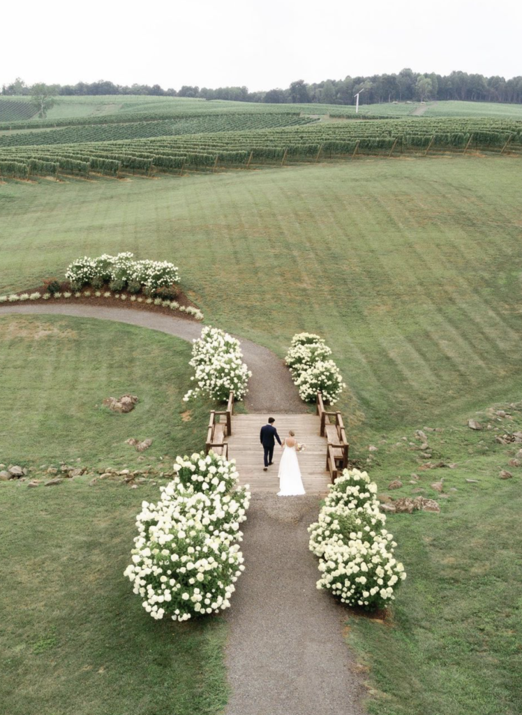 An aerial shot of a couple in wedding attire, holding hands and crossing a wooden bridge. There is a vineyard in the distance.